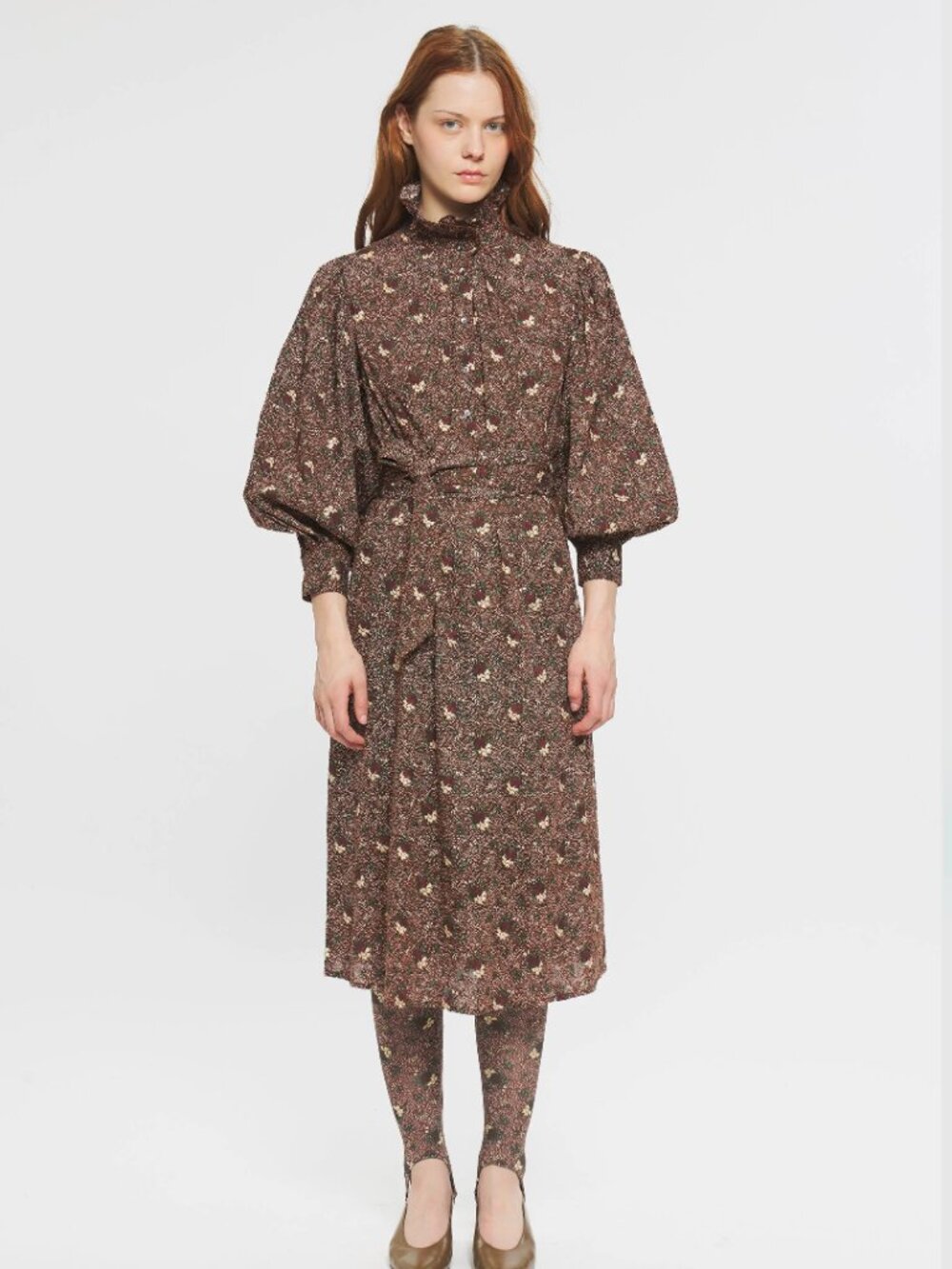 ANTIK BATIK Paddy Print Midi Dress Medium M Brown Floral Balloon Sleeve Boho